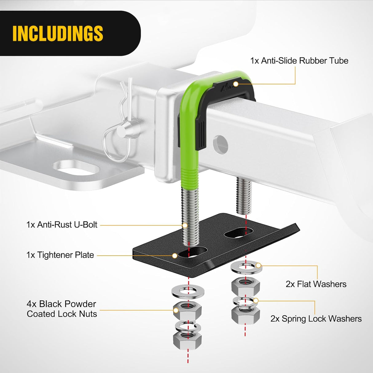 Trailer Hitch Tightener for 2 Inch Trailers Hitches Mount Anti Rattle Heavy Duty Steel with Rubber Cover Green U Bolt Matte Black Plate Electrophoresis Anti-Rust Triple Protective