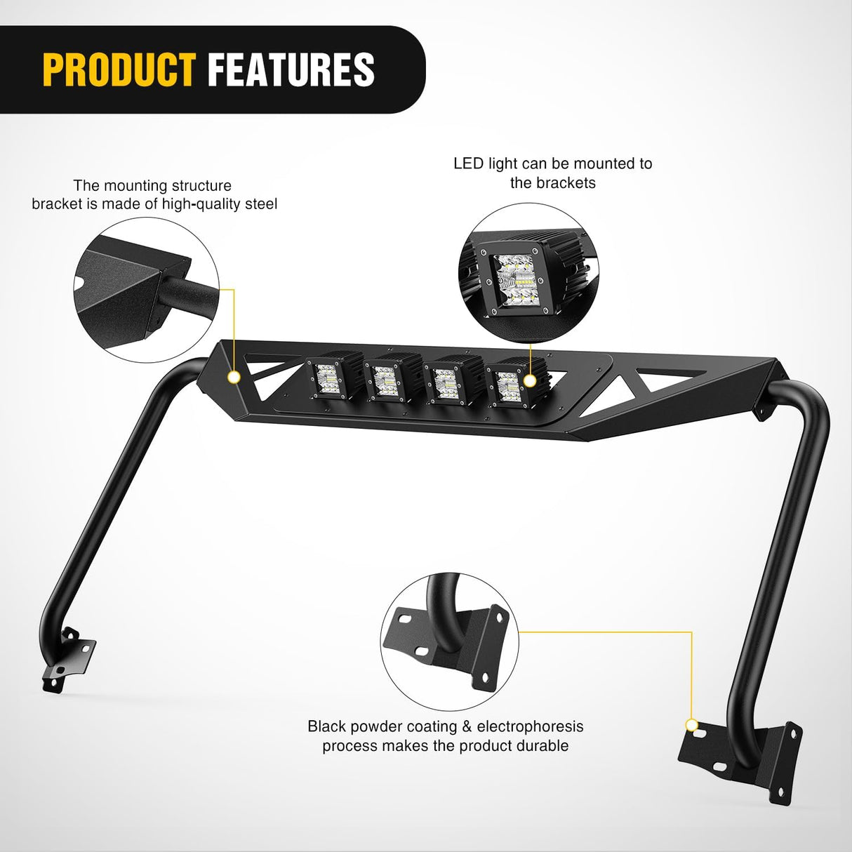 Front Windshield Frame Cover Roof Sun Visor Cowl Body Armor with 4 x LED Lights Compatible with 2007-2018 Jeep Wrangler JK JKU Unlimited, Windscreen Rack Protector Stand