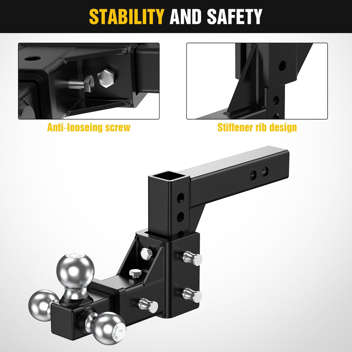 Adjustable Trailer Hitch Ball Mount Fits 2 Inch Receiver Tri-Ball 1-7/8 Inch-6000LBS 2 Inch-7500LBS 2-5/16 Inch-10000LBS Capacity Chrome Trailer Ball Hitch with Solid Shank