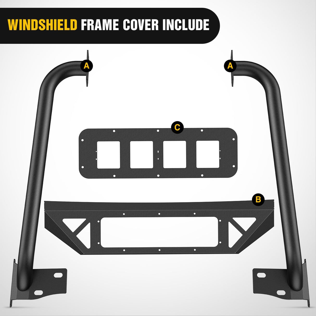 Front Windshield Frame Cover Roof Sun Visor Cowl Body Armor with 4 x LED Lights Compatible with 2007-2018 Jeep Wrangler JK JKU Unlimited, Windscreen Rack Protector Stand