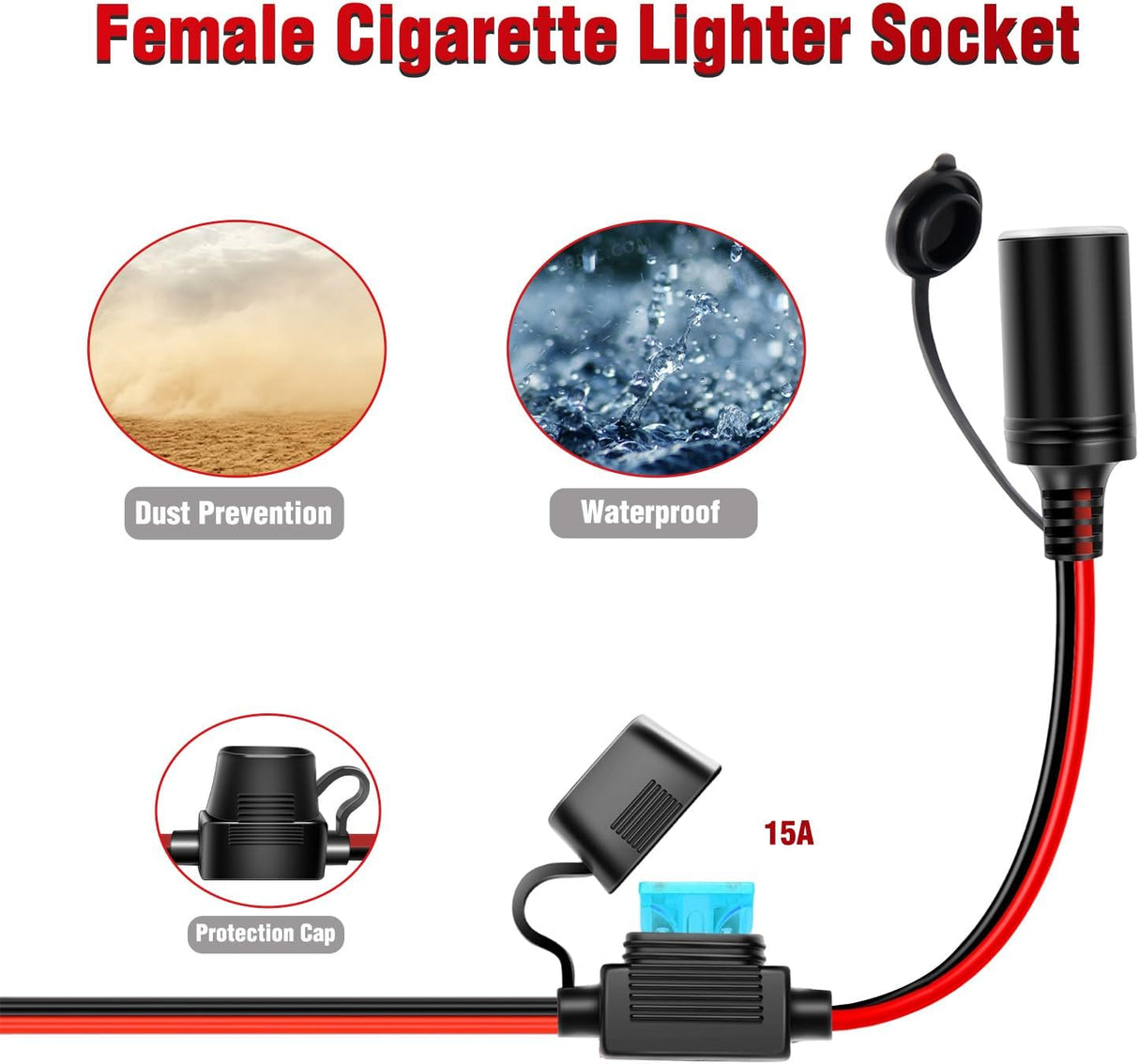 Battery Alligator Clamp to Female Cigarette Lighter Socket Adapter | 4.9FT / 1.5m Clips 16AWG Copper Power Cord Wire with 15A Fuse Holder for Vacuum Cleaner Tire Pump