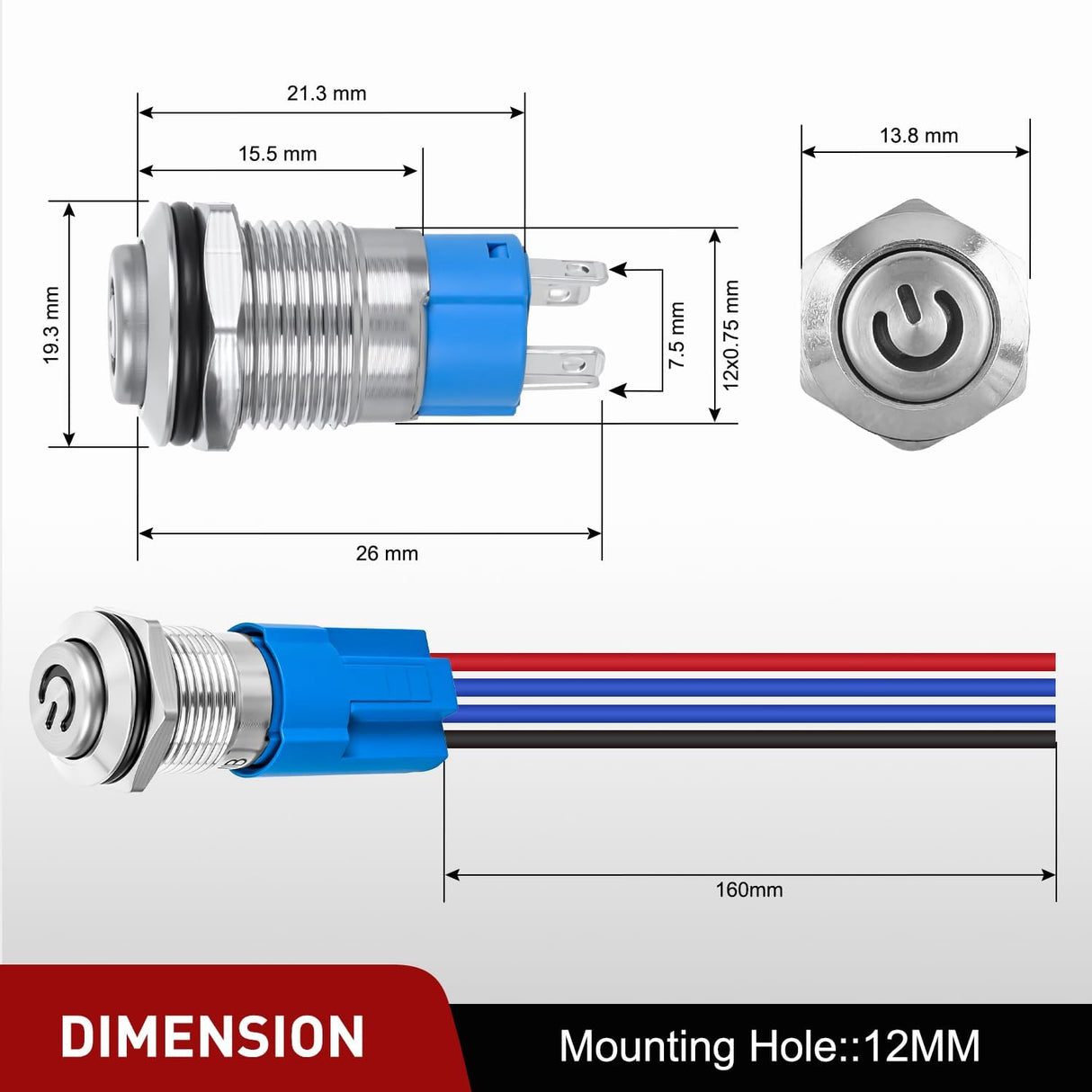 12mm Latching Push Button Switch 6pcs LED Blue Waterproof Small Round Power Button Switches with Pre-Wiring Socket for Car Truck Boat Marine RV Vehicle