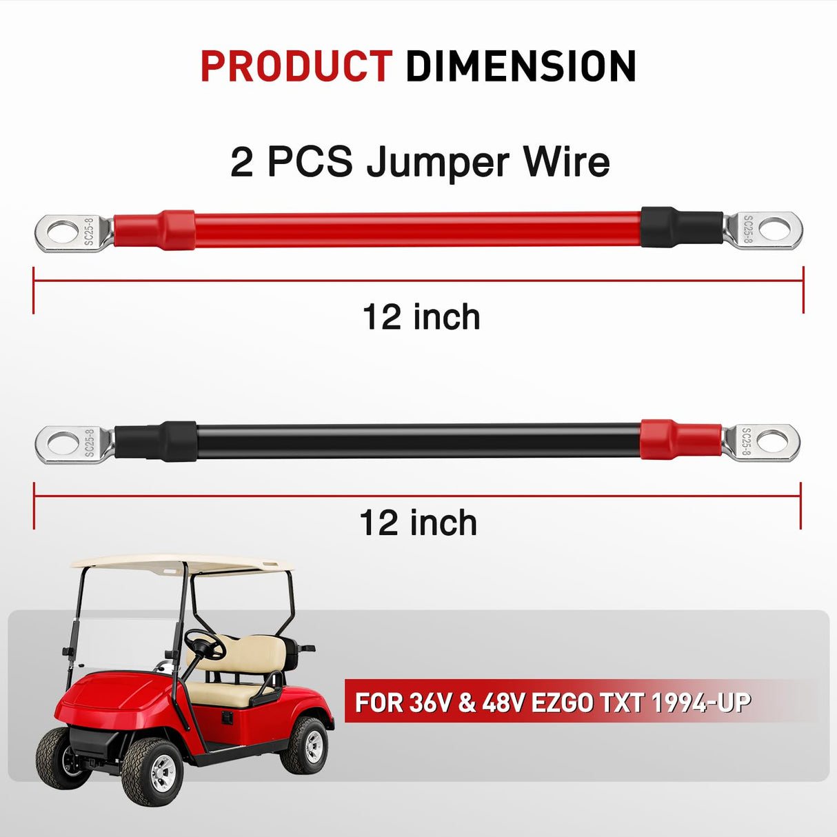 2PCS 4 AWG 12 Inch Golf Cart Battery Cable Kit Pure Copper for EZGO TXT | Heavy Duty Pure Copper AC/DC Wire Kits with Tinned Copper Lugs for 36V/48V EZGO TXT 1994-up