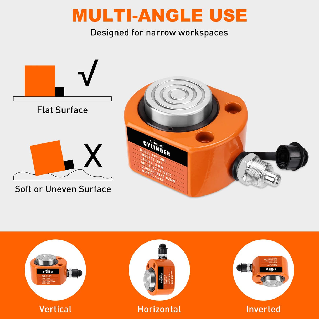 30 Ton Hydraulic Cylinder Jack Porta Power Ram, Heavy Duty Low Profile 0.55 Inch Stroke Automatically Retract Mini Jack Ram Single Acting Lifting Cylinders for Machinery Shipbuilding, Orange