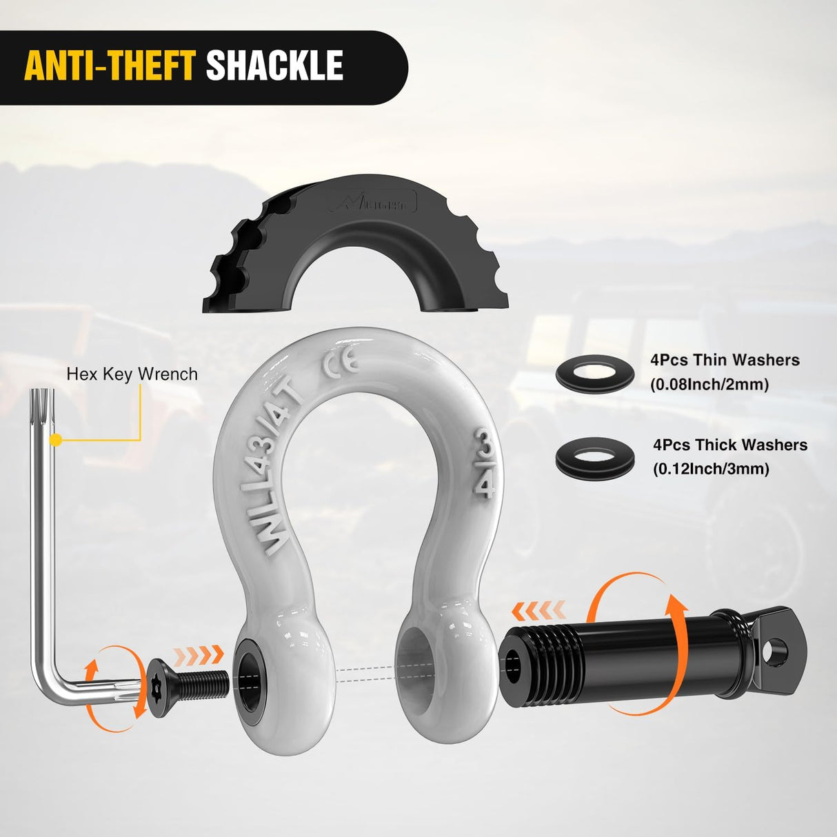 3/4 Inch D Ring Anti-Theft Shackle Tow Hook Jeep Truck SUV ATV UTV | Off Road Recovery Gear 19T 41,887 lbs Break Strength 4.75T WLL Rust-Resistant Anti-Rattle Isolators Heavy Duty White 2pack