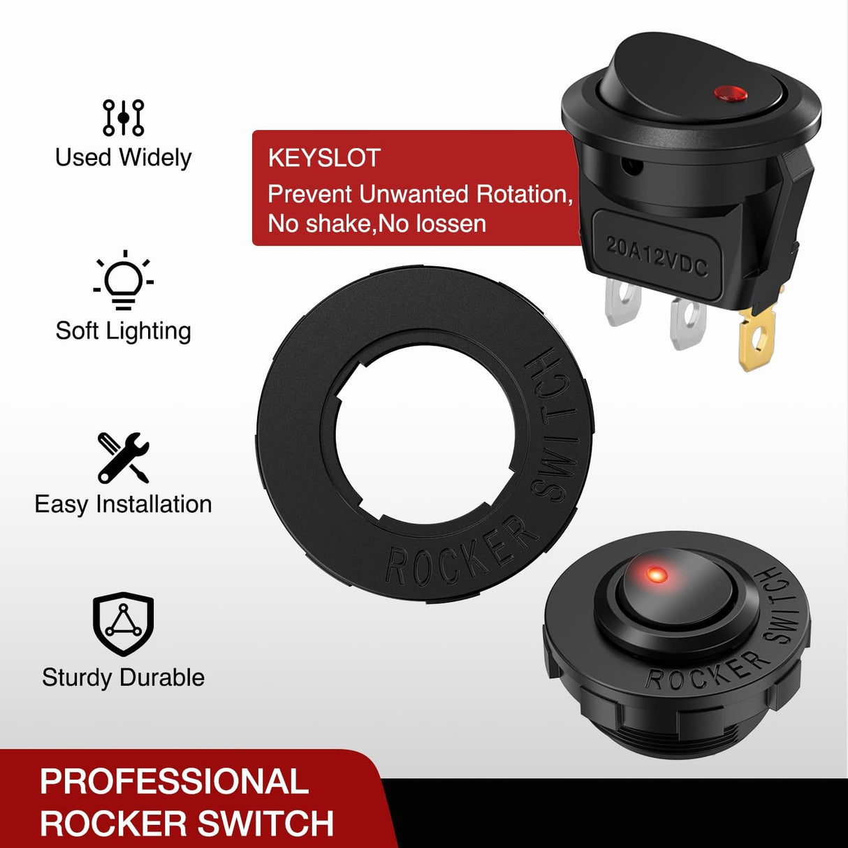 1PC Round Rocker Switch with Shell 12V 24V 20A Red LED Toggle swtich with 16AWG Wires SPST 3Pin 2 Position for Car Truck Vehicle Boat Marine Rocker On Off Control