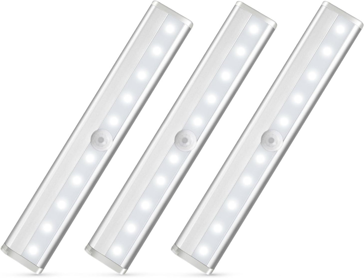 Motion Sensor Closet Lights 3PCS Cabinet Light DIY Stick-on Anywhere Portable 10LED Wireless Cabinet Night/Stairs Light Bar Safe Lights with Magnetic Strip-Cool White, 2 Years Warranty