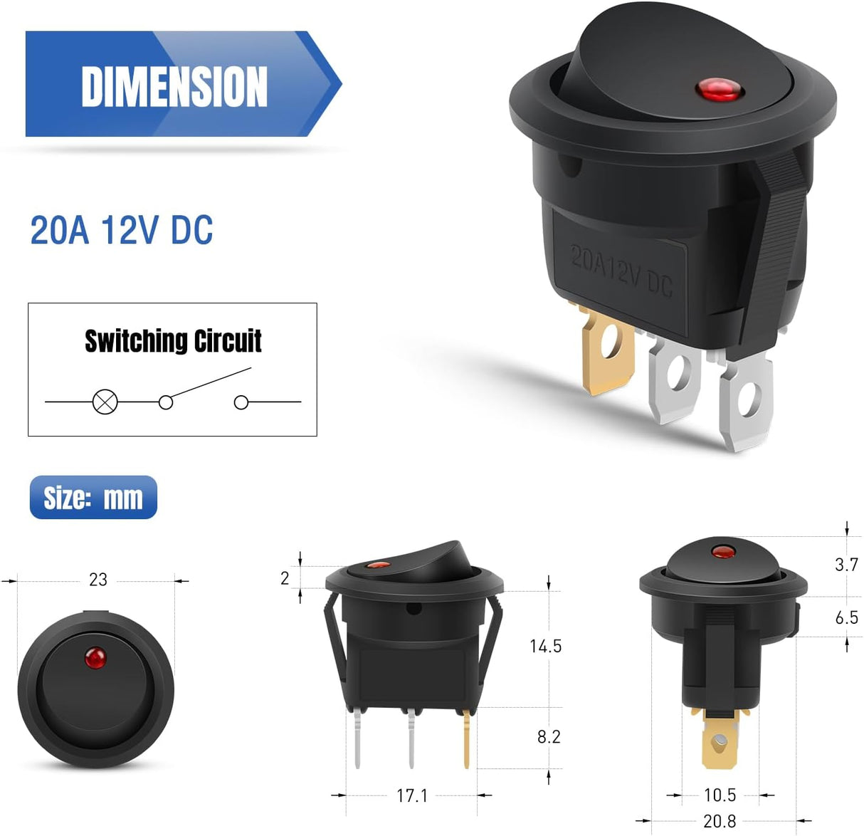 12PCS Round Rocker Switches 12V 24V 20A Red LED Toggle swtiches SPST 3 Pin 2 Position for Car Truck Vehicle Boat Marine Rocker On Off Control