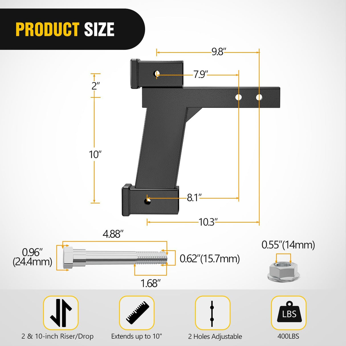Trailer Hitch Extension Riser for 2 Inch Receiver with 2 and 10Inch Rise or Drop with Bolt Nut Clip 10,000 lbs Capacity Adjustable Extend 8 Inch 10 Inch Length Black Coated for Class I-VI Receivers
