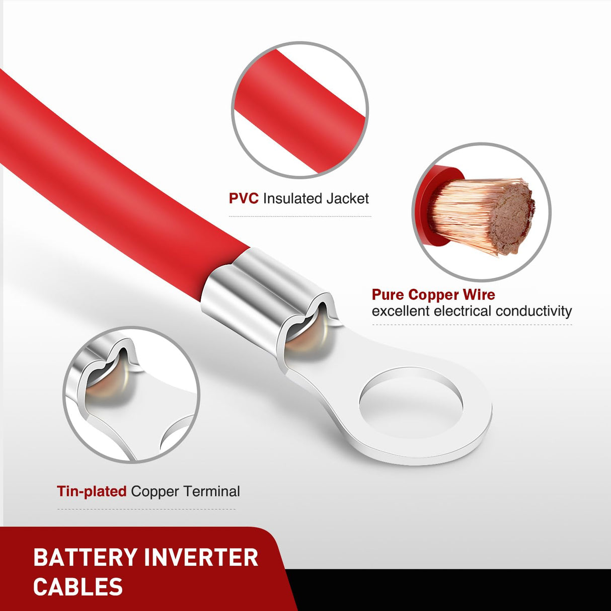 6AWG 20 Inch Battery Power Inverter Cables 3/8 Inch Lugs | Tinned Copper Teiminal Red Black Oxygen-Free Wires Max. 59.9A for Solar Motorcycle Automotive Power Inverters