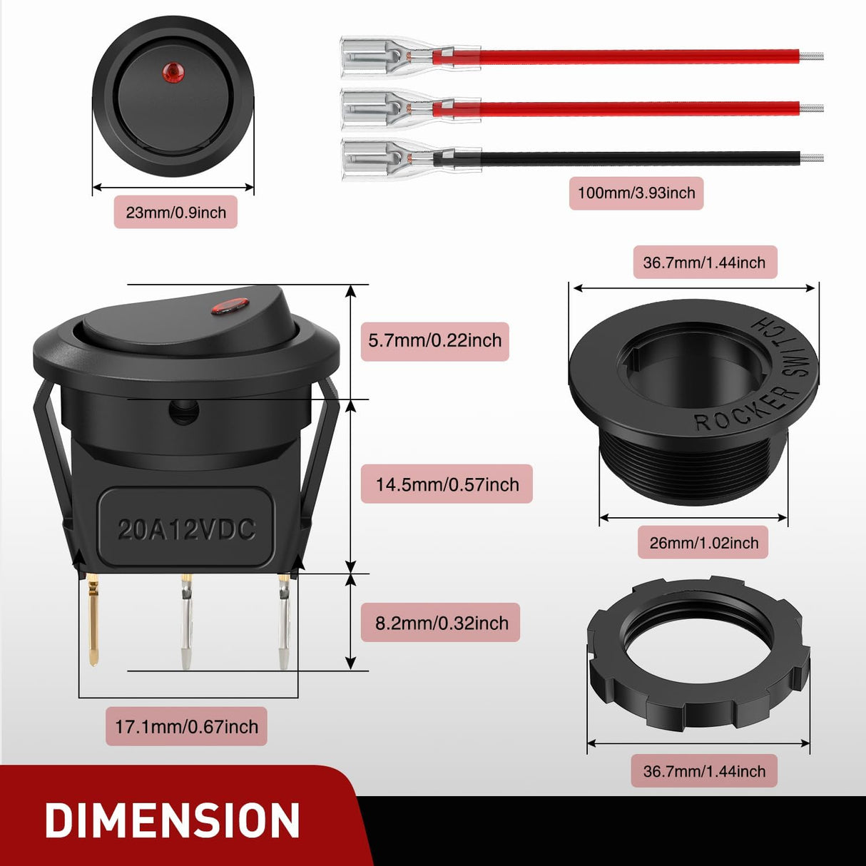 1PC Round Rocker Switch with Shell 12V 24V 20A Red LED Toggle swtich with 16AWG Wires SPST 3Pin 2 Position for Car Truck Vehicle Boat Marine Rocker On Off Control