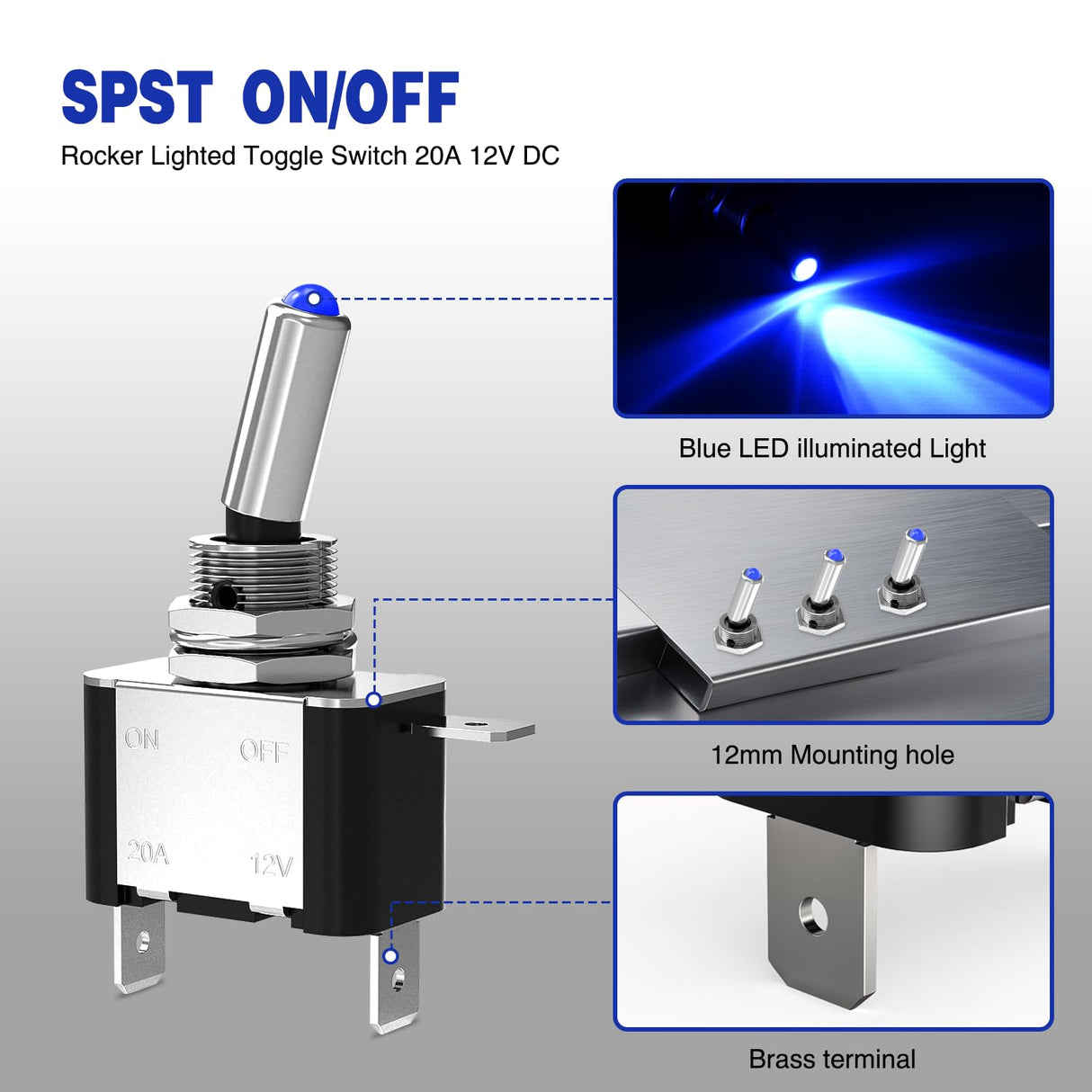 3PCS Blue LED Toggle Switches 12V 20A 3 Pin 2 Position ON Off SPST Heavy Duty Rocker Switch for Auto Car Marine RV Vehicles Truck Boat Dash