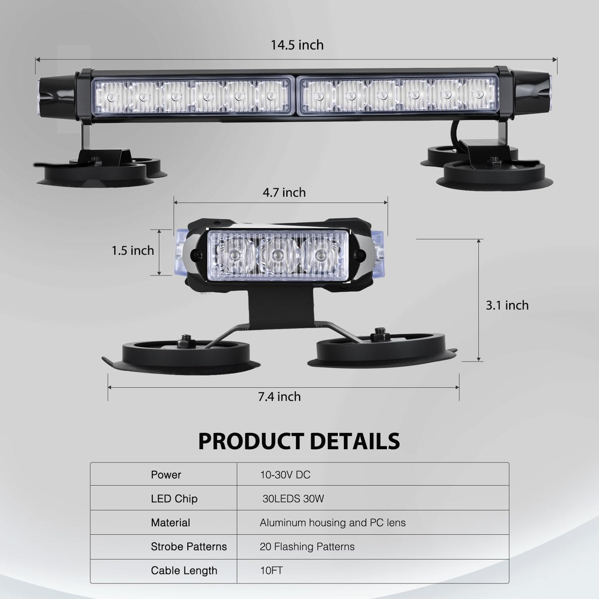 14.5 Inch 30LED Strobe Light Bar Double Side Rooftop Red Blue