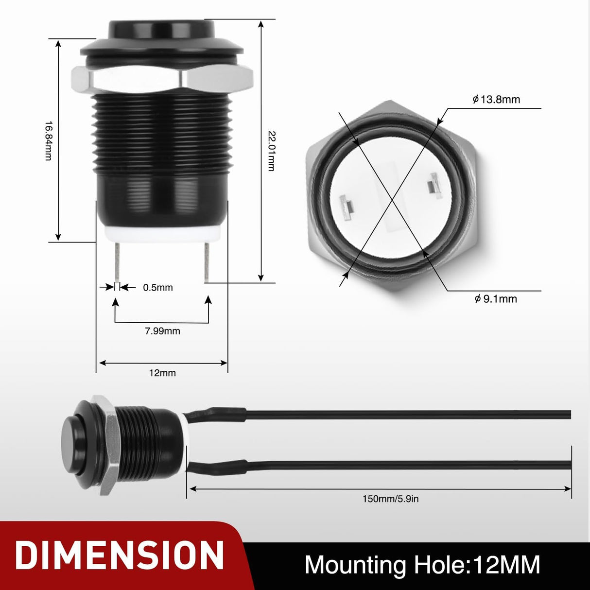 12mm Momentary Push Button Switch 6PCS with Pre Wired Harness 12V Waterproof Black Metal Small Round Power Push Button Switches 2 Pin for Car Automotive Truck Boat Marine Off-Road Vehicle