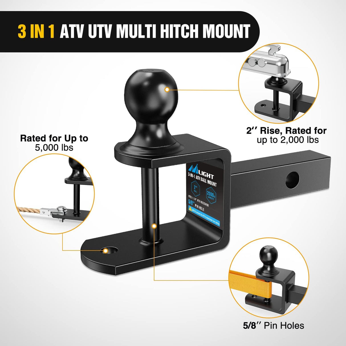 3 in 1 ATV UTV Multi Hitch Mount Fits 1-1/4 Inch Receiver with 2 inch Ball Hitch Rated 2000 LBS Winch Strap Loop Rated 5000 LBS