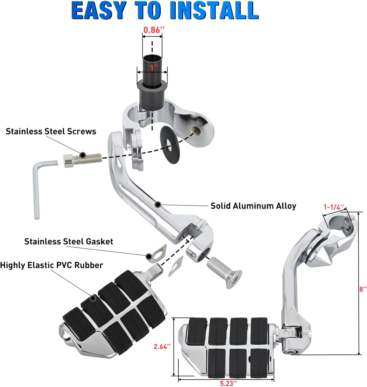 1.25 Inch Motorcycle Highway Pegs For Harley Davidson Touring Road King Street Glide Sportster Adjustable Long Angled Foot Pegs Universal For 1-1/4 Inch Engine Guard Crash Bars Highway Footpegs Chrome