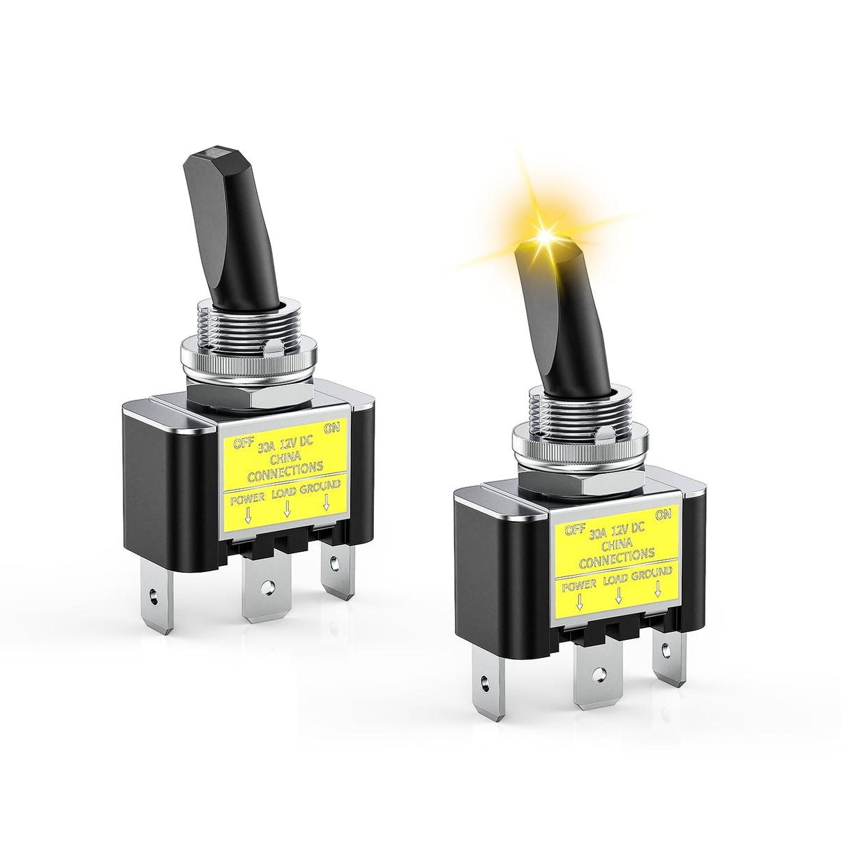 2PCS Yellow LED Toggle Switch 12V DC 30A 3 Pin On Off 2 Position Heavy Duty Rocker Switch with 14AWG Wire for Automotive Cars Trucks Boats Racing Cars Auto Boat