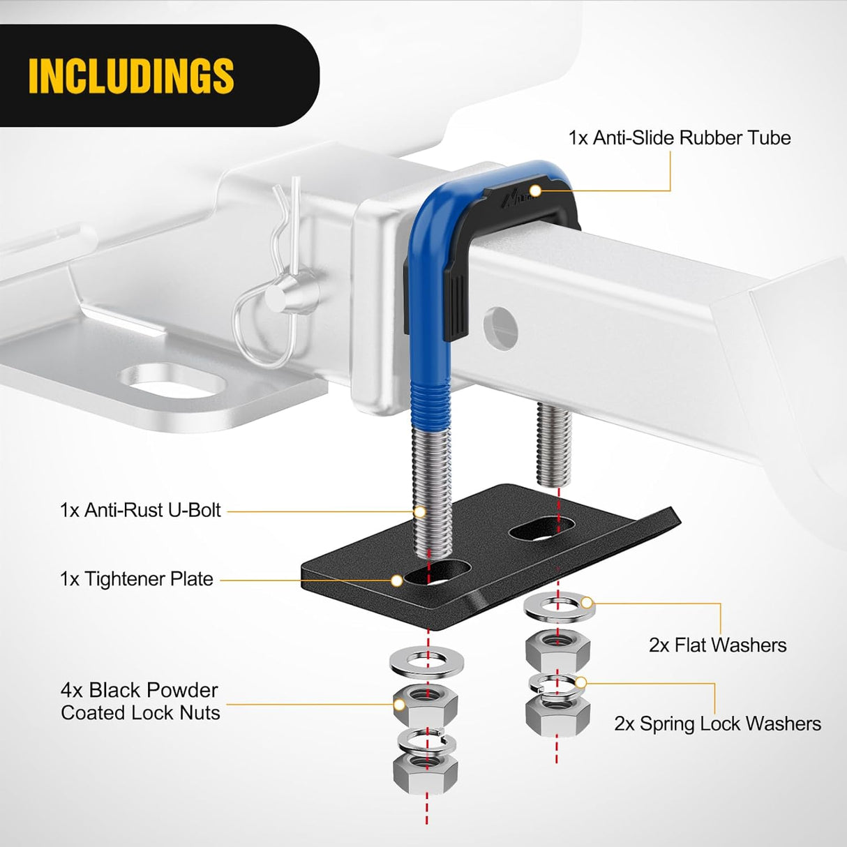 Trailer Hitch Tightener for 2 Inch Trailers Hitches Mount Anti Rattle Heavy Duty Steel with Rubber Cover Dark Blue U Bolt Matte Black Plate Electrophoresis Anti-Rust Triple Protective