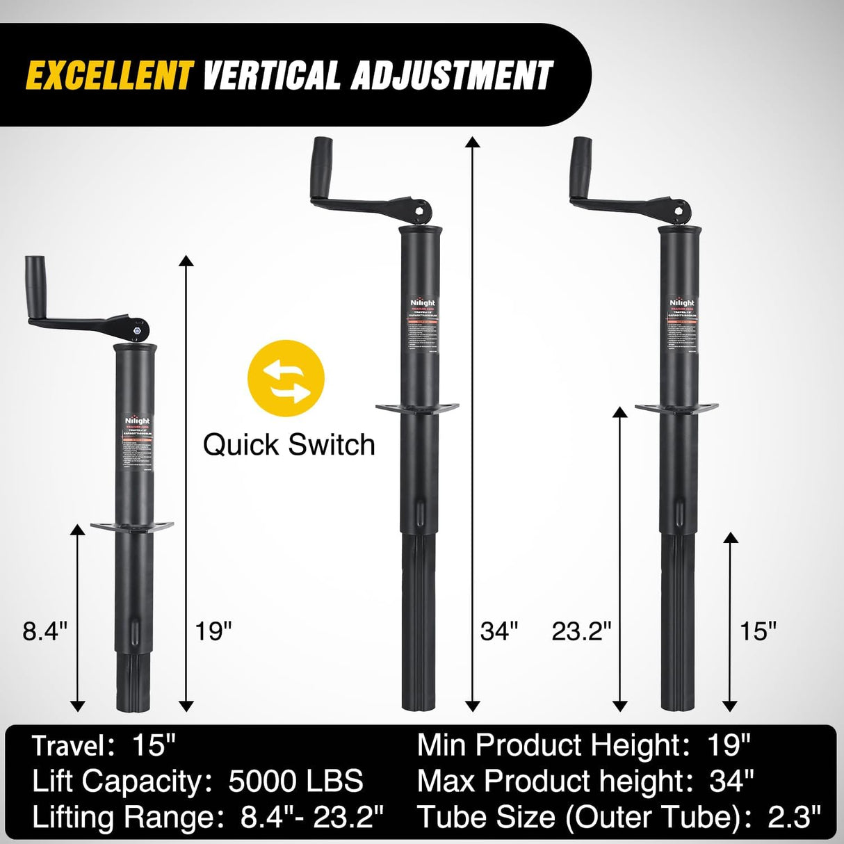 A-Frame Trailer Jack 5000 lbs Capacity 15 Inch Vertical Travel Heavy Duty Trailers Tongue Jack with Top Wind Handle Alloy Steel Utility Trailer RV Jack Stand for Trailers RV Boat Camper Matt Black