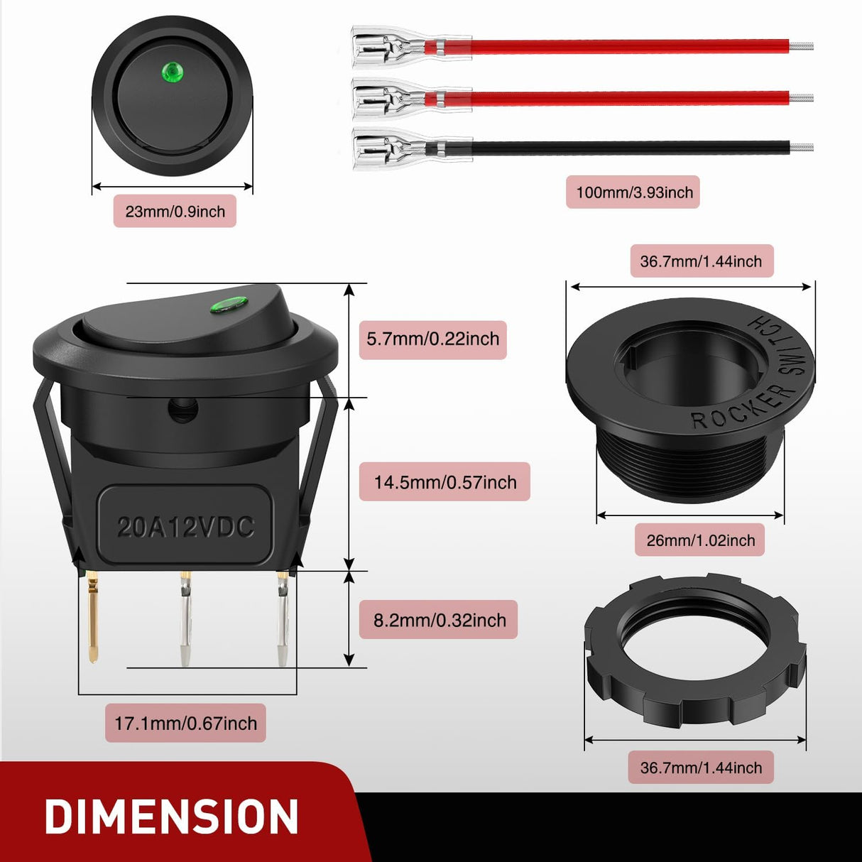 1PC Round Rocker Switch with Shell 12V 24V 20A Green LED Toggle swtich with 16AWG Wires SPST 3Pin 2 Position for Car Truck Vehicle Boat Marine Rocker On Off Control