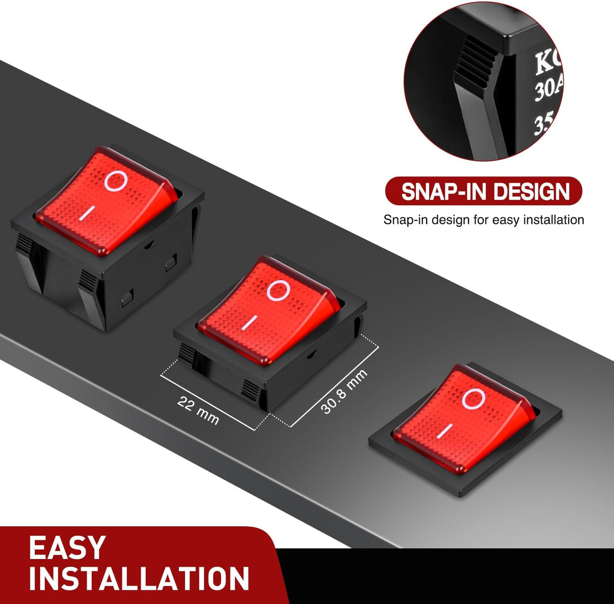 3PCS DPST Rocker Switches 12V 30A/110V 35A/125VAC Red Lighted 4 Pin 2 Position ON Off Toggle Switch KCD4 for Car Automotive Truck Boat Marine Off-Road Vehicle