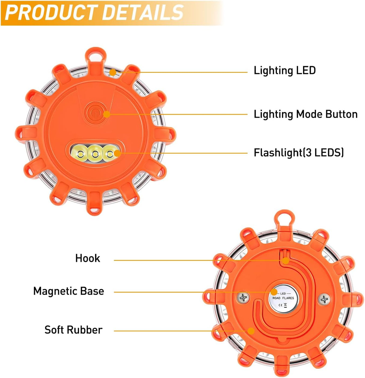 LED Road Flares Emergency Lights 3 Pack,9 Flash Models Roadside Emergency Lights for Vehicles with Magnetic Base & Hook,Premium Storage Bag(Batteries Not Included)
