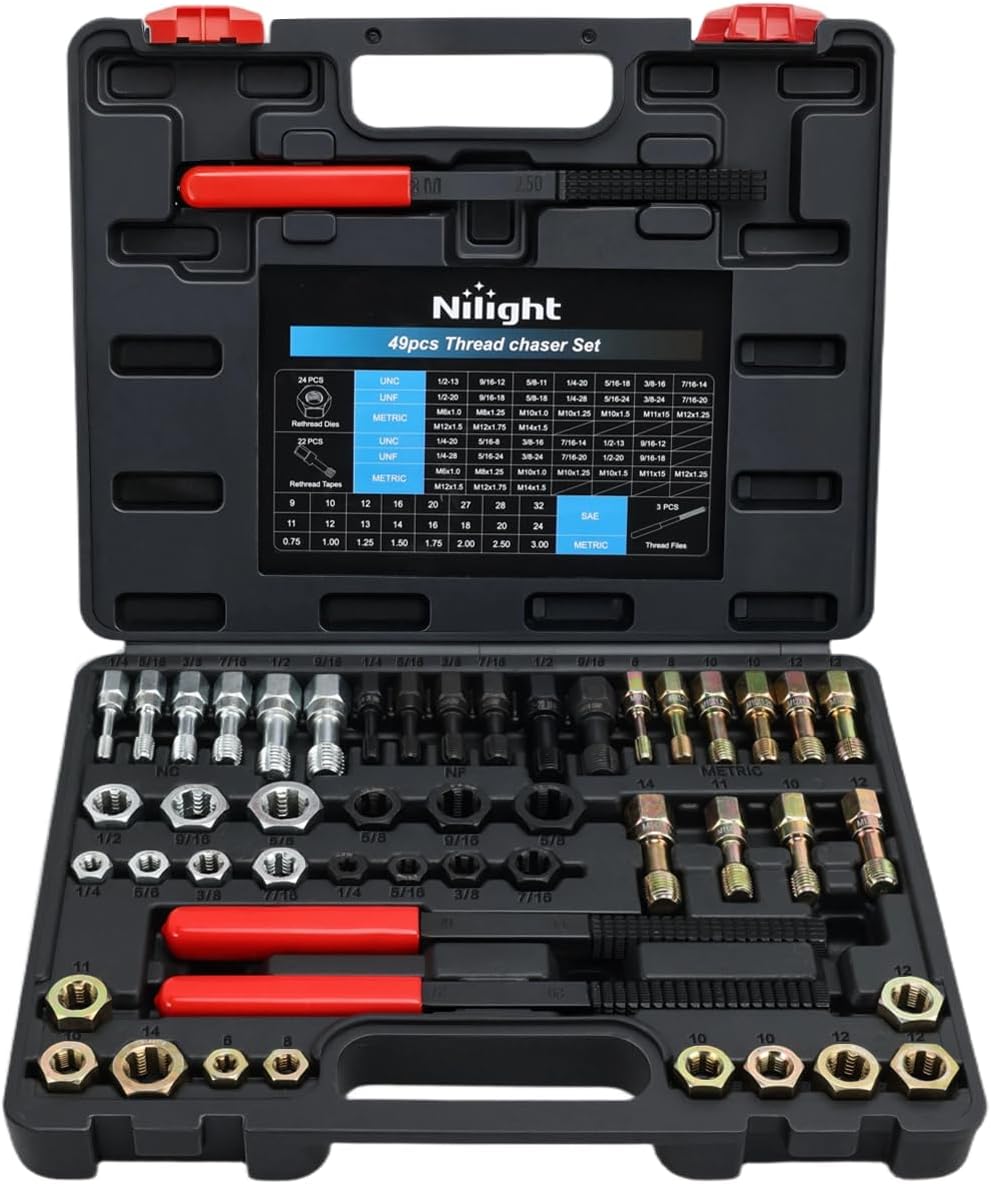 49PCS Thread Chaser Set SAE Metric Universal UNC UNF Sizes | Master Thread Repair Kit with Case 22 Taps 24 Dies 3 Thread Files Automotive Tool for Mechanics Auto Shops Home Garage Repair
