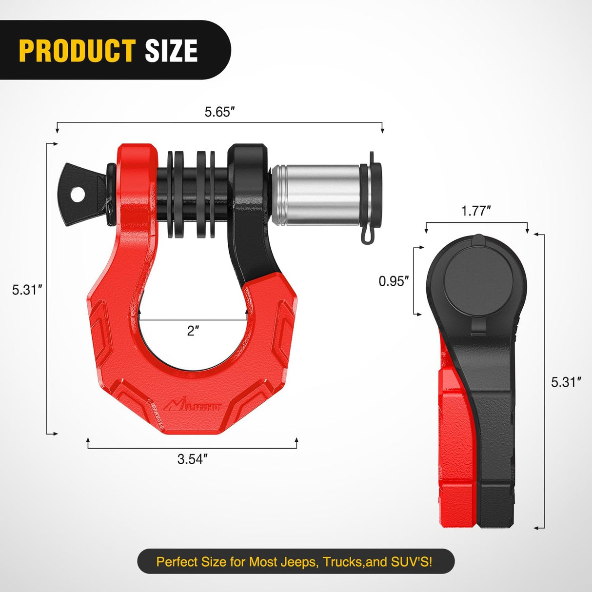 2 Pack 3/4 Inch D-Ring Separate Shackle 45,000 Lbs Break Strength | Includes 7/8 Inch Lock Pin, Isolators and Washers Off Road Recovery, for Tow Strap Winch Truck Vehicle Black&Red
