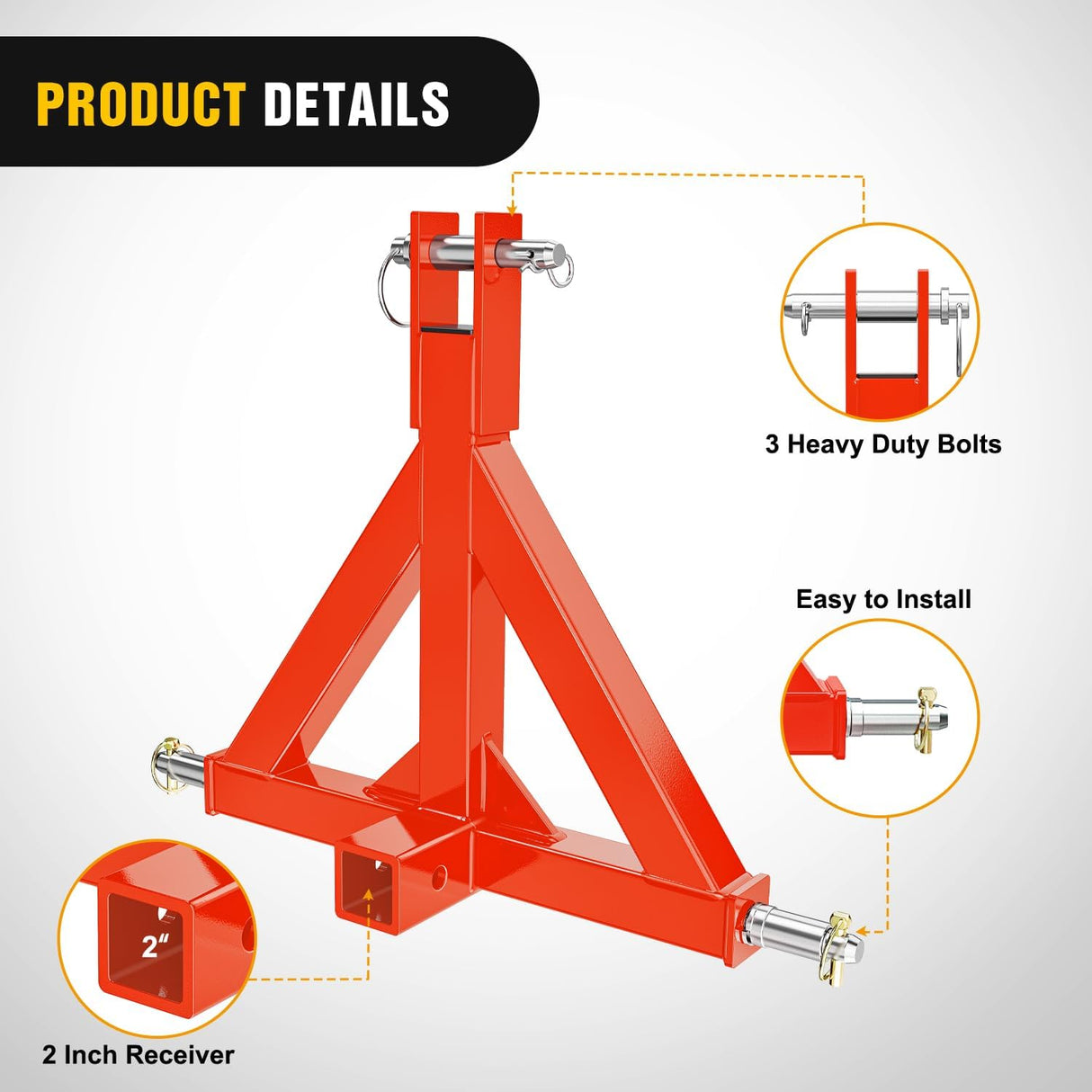 3 Point 2 Inch Trailer Hitch Receiver Category 1 Heavy Duty Tractor Drawbar Adapter Compatible with Kubota Bx John Deere Nortrac Kioti Yanmar Cat Orange