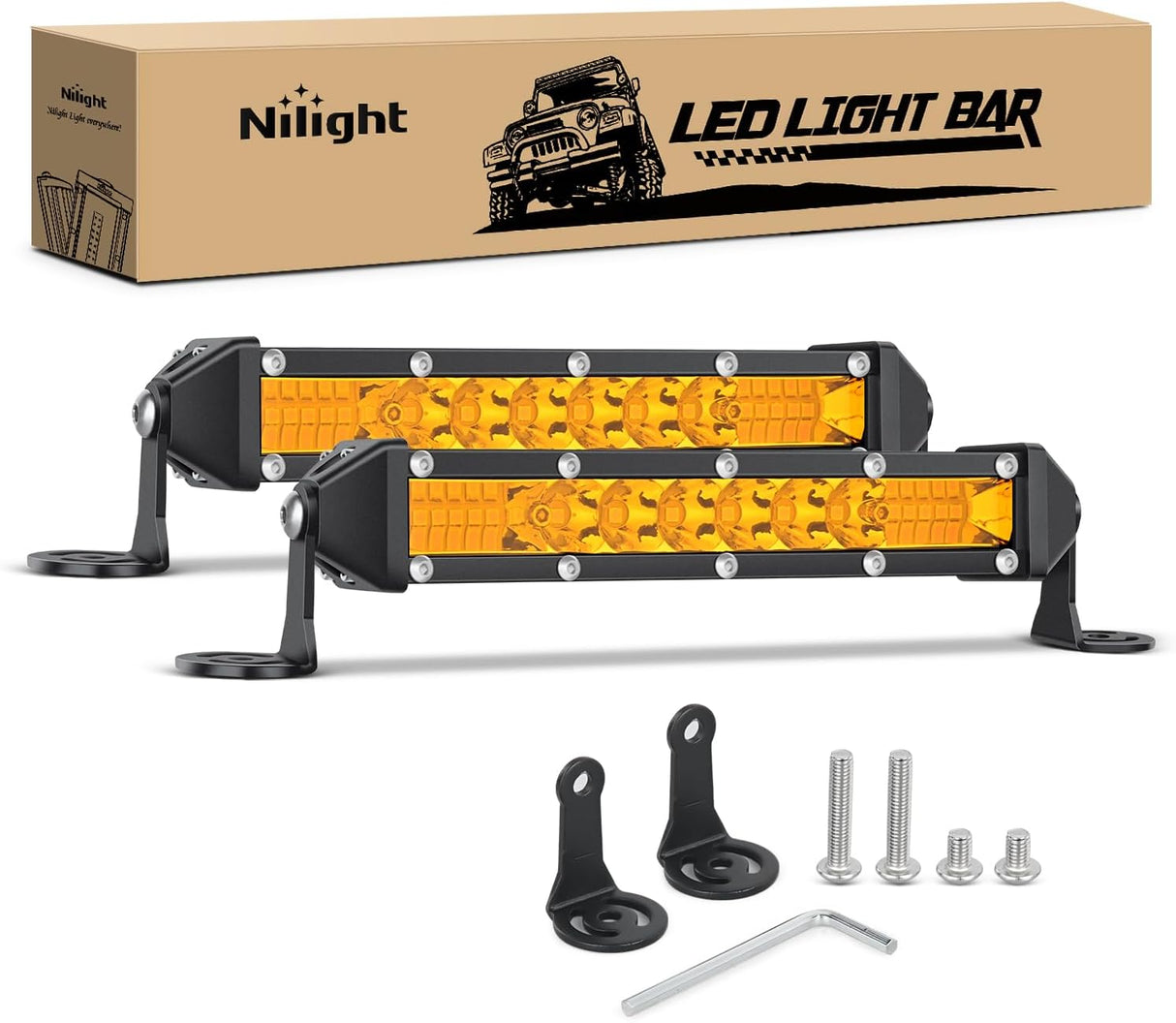 Slim LED Light Bar 2Pcs 7 Inch 16LED Single Row Spot Flood Combo Amber Off Road Work Driving Fog Turn Signal Lighting for 12V 24V ATV UTV Pickup Truck Tractor Boat