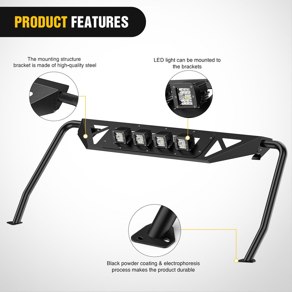 Windshield Frame Cover Light Bracket for 2021 2022 2023 2024 2025 2026 New Ford Bronco 2/4 Door Accessories Roof Sun Visor Cowl Body Armor with 4 x LED Lights Black