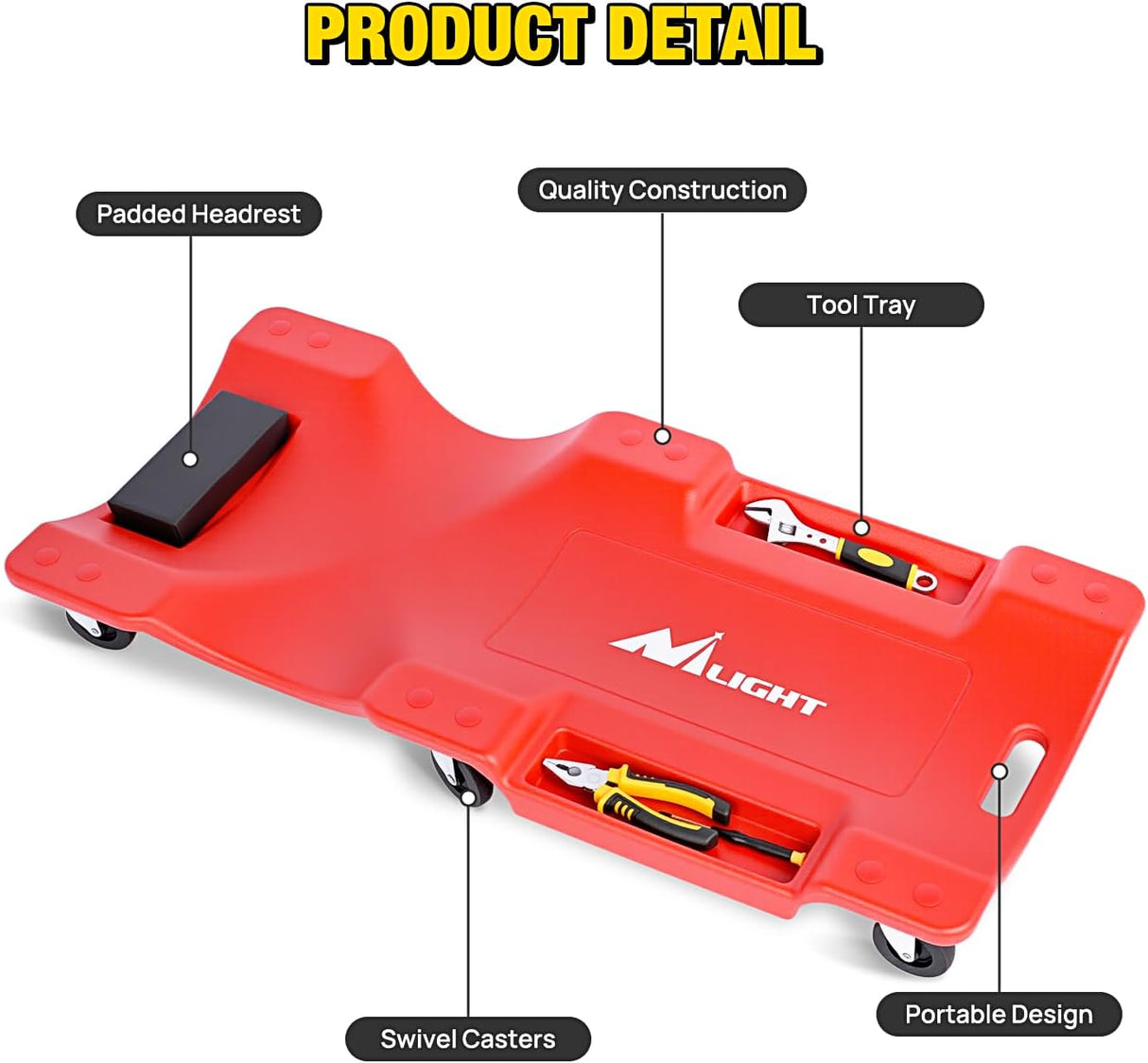 40 Inch Mechanic Plastic Creeper - 40 Inches Heavy Duty Shop Creeper with Padded Headrest and 6 Casters, 350 lbs Capacity, Red