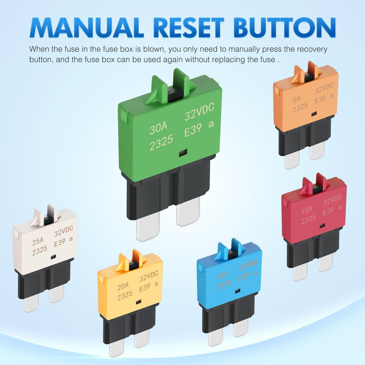 6PCS Circuit Breaker Manual Resettable Fuse Assortment Kit 12V-32V Low Profile ATO ATC Standard Regular 5A 10A 15A 20A 25A 30A Blade Fuses for Automotive Cars Trucks SUV Boat