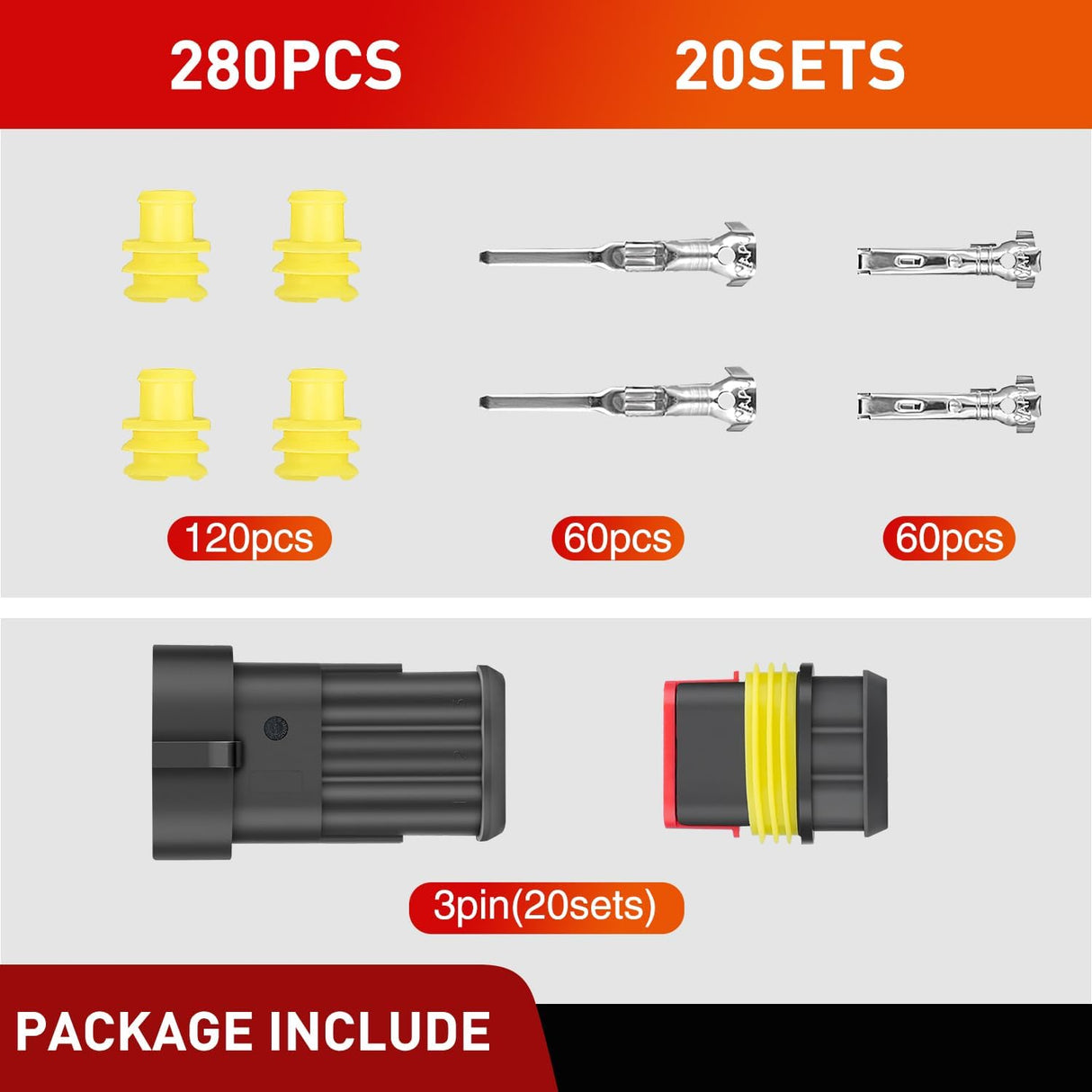 280PCS 3 Pin Electrical Connector Plug Male Female Terminal Wire Connector Nilight
