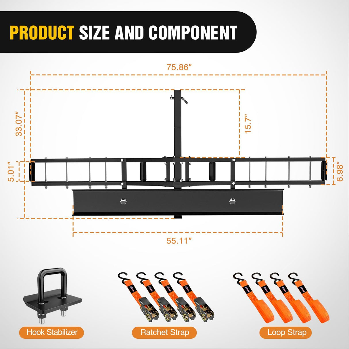 Motorcycle Hitch Carrier 600LBS, Heavy Duty Dirt Bike Hitch Hauler with 55.11 Inch Longer Ramp, Pin, Tie-Down Strap and Tightener, 2 Inch Receiver, 5 Inch Wide Tire
