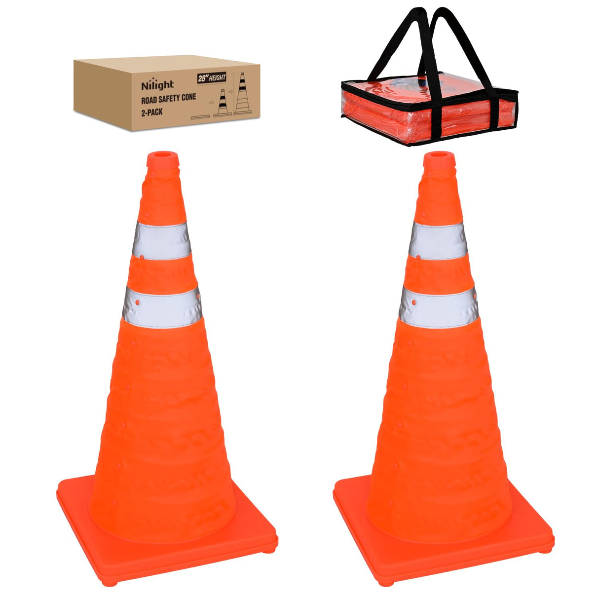 28 Inch Collapsible Traffic Safety Cones 2 Pack - Bright Orange Parking Cones with Reflective Collars for Roadside Emergency, Parking, Driving Practice