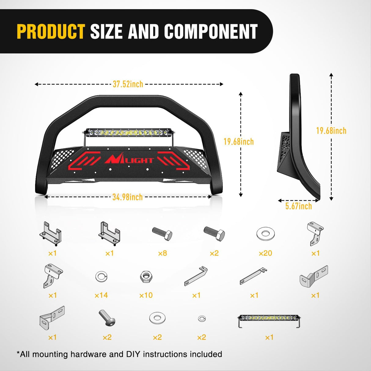Bull Bar with Light Bar&License Plate Hole for 2009-2018 Dodge Ram 1500&2019-2024 RAM 1500 Classic (Exl Rebel Sport) Truck Brush Guard Front Bumper Push Bar w/Grille Skid Plate Light Mount
