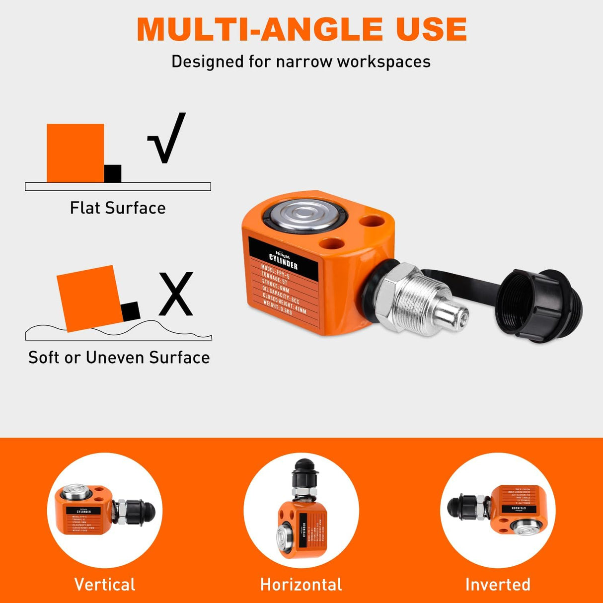 5 Ton Hydraulic Cylinder Jack Porta Power Ram, Heavy Duty Low Profile 0.24 Inch Stroke Automatically Retract Mini Jack Ram Single Acting Lifting Cylinders Small Porta Power Attachments, Orange