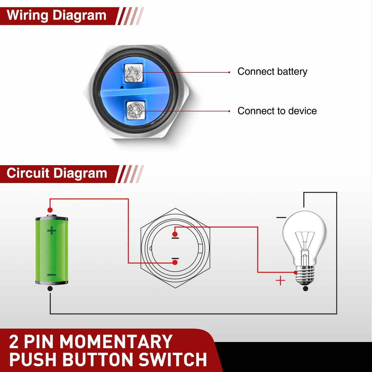 16mm Momentary Push Button Switch 12V Waterproof Black Metal Round Starter Power Switches 2PCS 2 Pin Screw Terminal for Car Truck Horn Boat Marine RV Vehicle