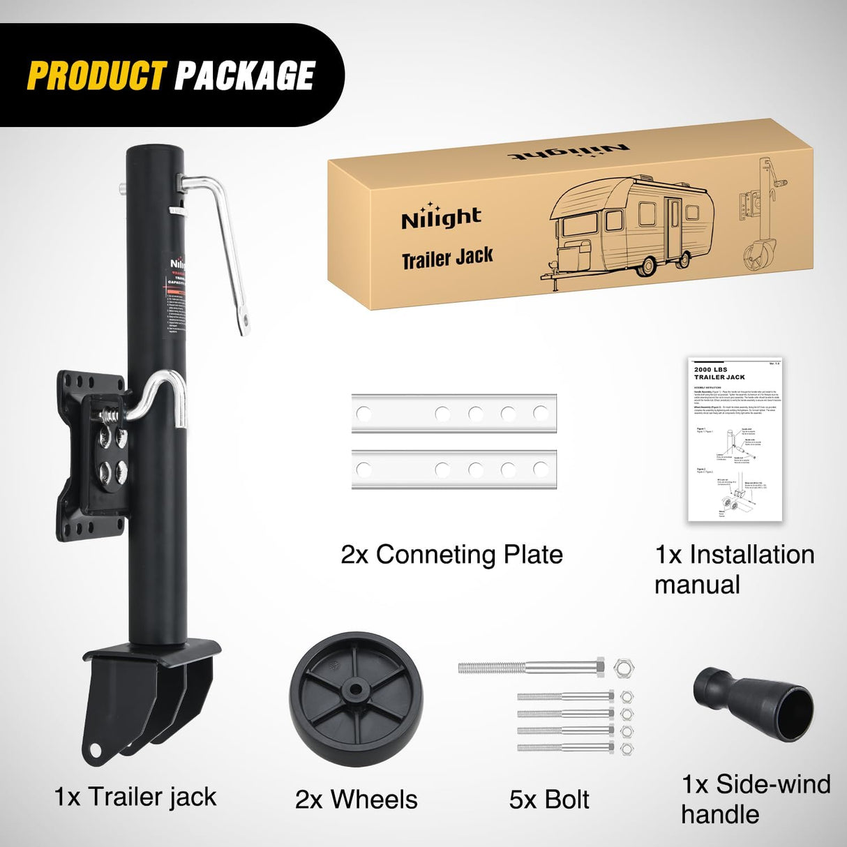 Trailer Jack with Wheel 1500 LBS 12 Inch Vertical Travel Swivel Bolt-on Heavy Duty Trailer Tongue Jacks Wheel Alloy Steel Utility Boat Trailers Stabilizer Jack Stand for Trailers RV Camper Black