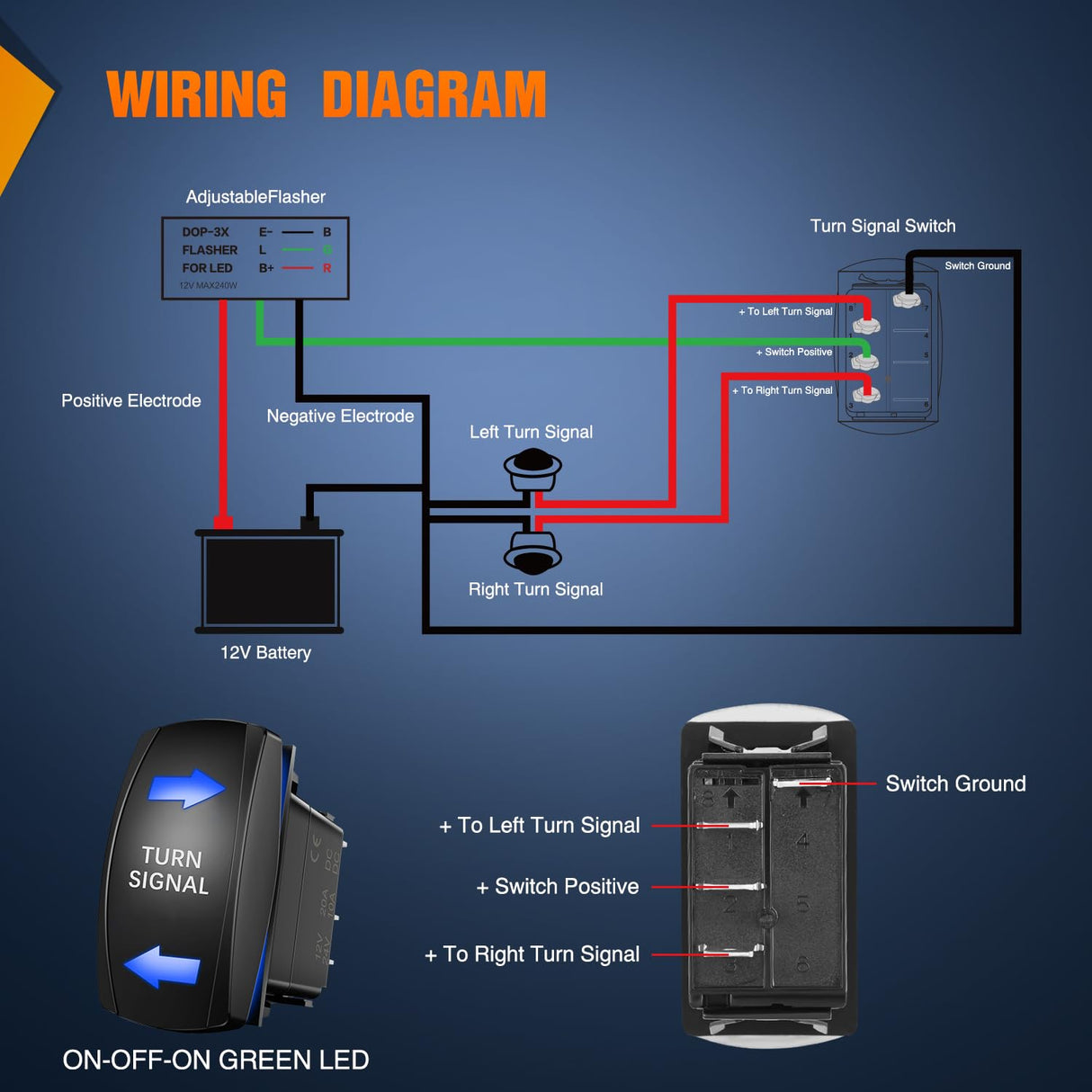 Turn Signal Switch with Flasher Relay Kit 4PIN ON Off ON Rocker Switch w/Blue LED Laser Etched SPDT Toggle Switches 12V 20A 24V 10A Jumper Wires for ATV UTV Tractor Motorcycle