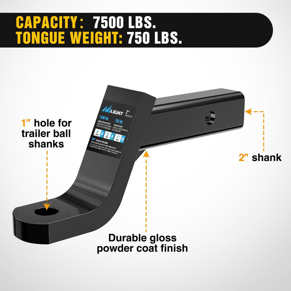 Trailer Hitch Ball Mount with 5/8in Hitch Pin Clip Fits 2in Receiver Square 7500 lbs 4in Drop 3in Rise Nilight