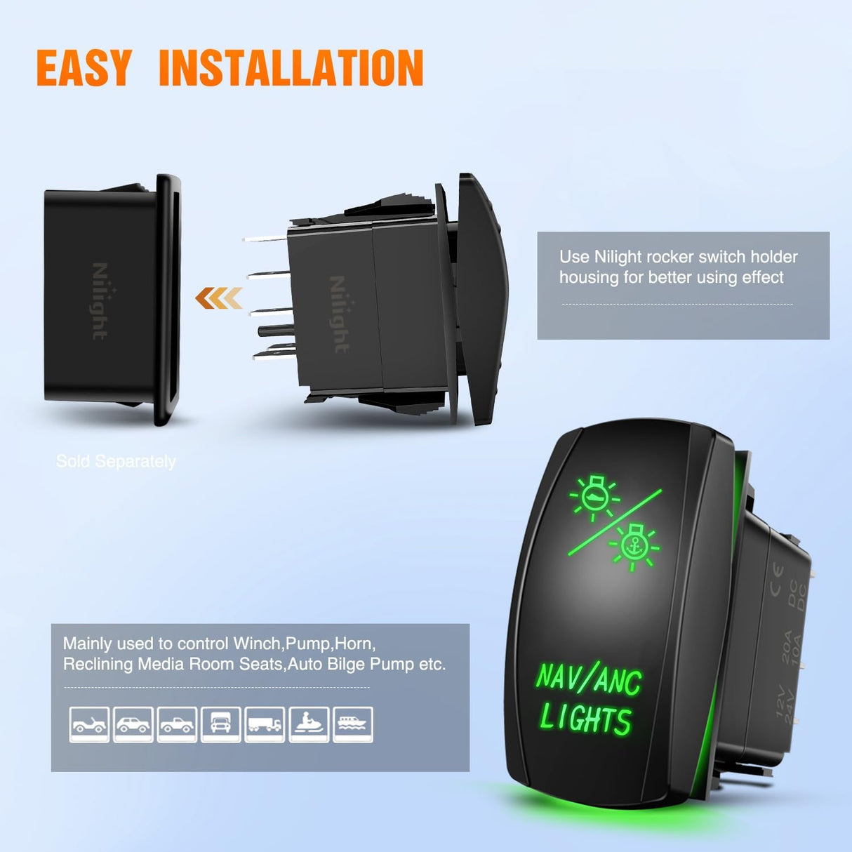 NAV/ANC Rocker Switch 7Pin Navigation Anchor Lights Toggle On Off DPDT Laser Etched 12V 24V Jumper Wires for ARB Carling NARVA Style Marine Boat Ship Vessel