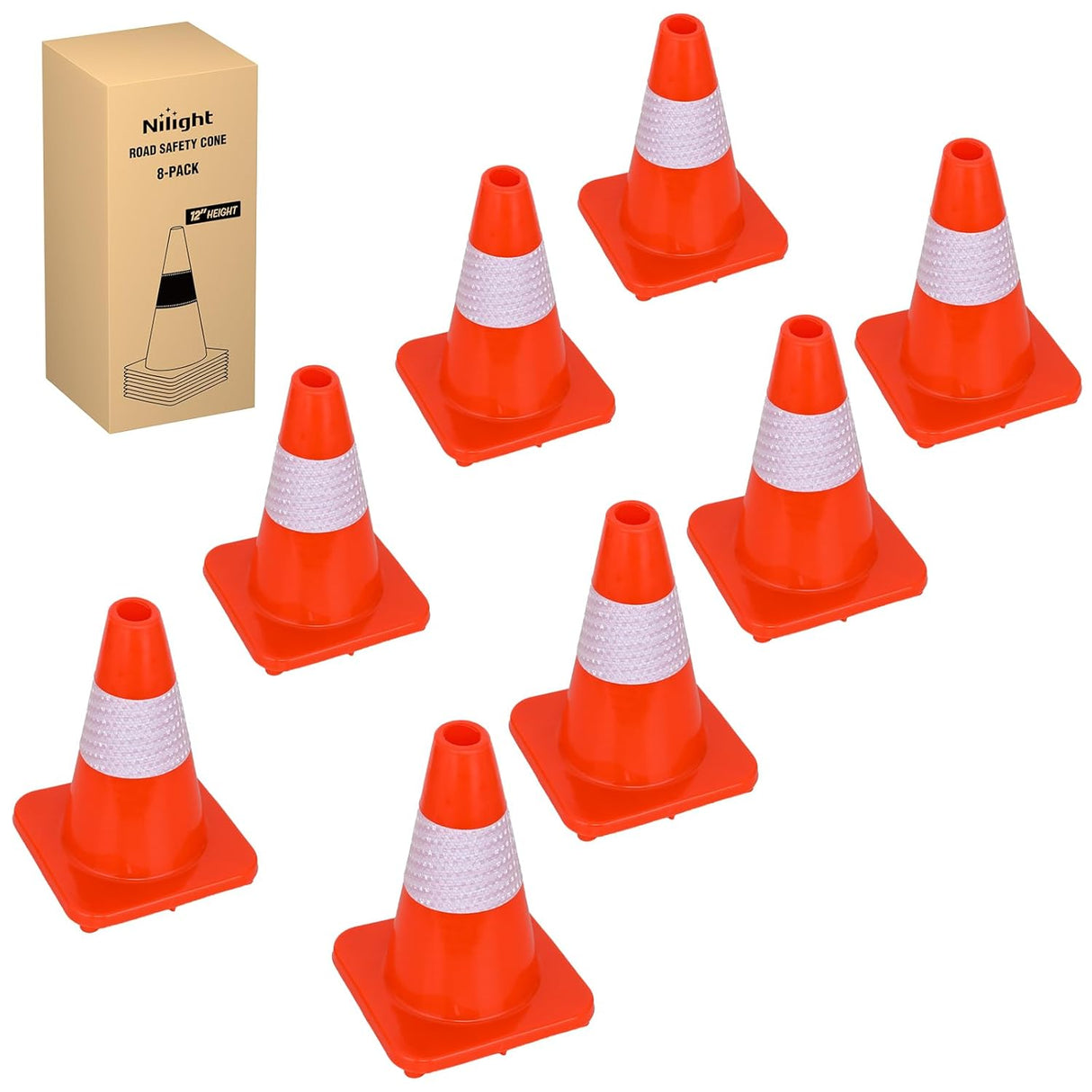 12 inch Traffic Safety Cones, 8 Pack Durable PVC Orange Cones with Reflective Collars for Road Safety, Parking, Construction Work, Sports Training