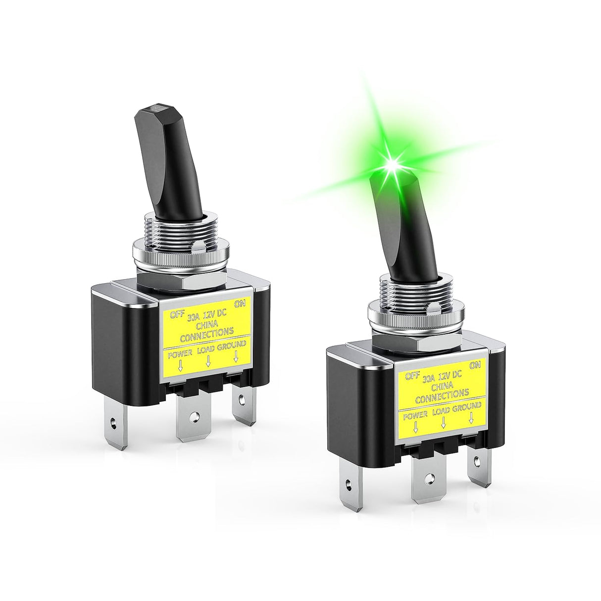 2PCS Green LED Toggle Switch 12V DC 30A 3 Pin On Off 2 Position Heavy Duty Rocker Switch with 14AWG Wire for Automotive Cars Trucks Boats Racing Cars Auto Boat