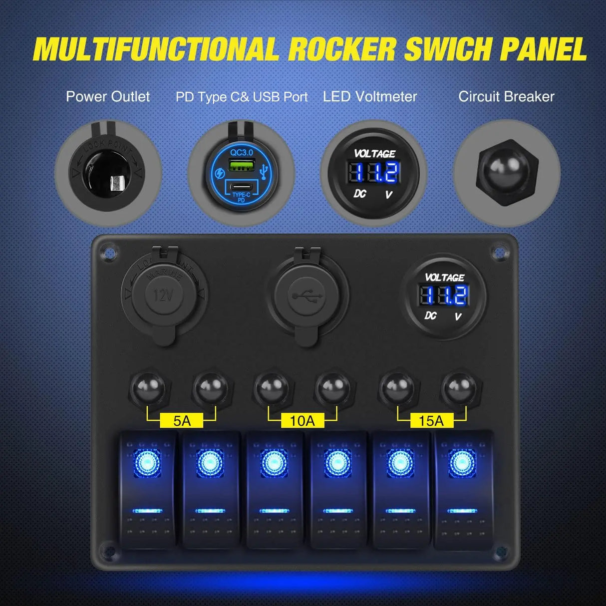 6Gang ON/Off Blue Rocker Switch Panel w/ PD Type C & Dual USB Cigarette Lighter Socket Voltmeter Nilight