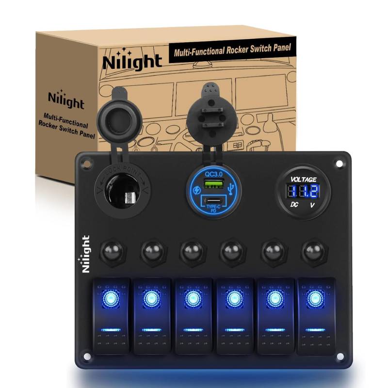 6Gang ON/Off Blue Rocker Switch Panel w/ PD Type C  Dual USB Cigarett –  Nilight