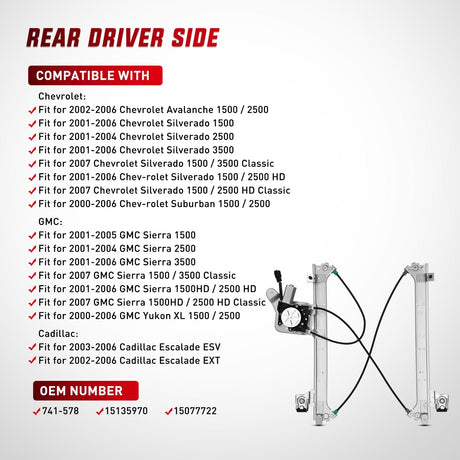 Window Regulator 741-578 Window Regulator and Motor Rear Driver Side,Compatible with Cadillac Escalade/Chevy Avalanche/Silverado/GMC Sierra Yukon 1500 2500 3500 2000 2001 2002 2003 2004 2005 2006 2007