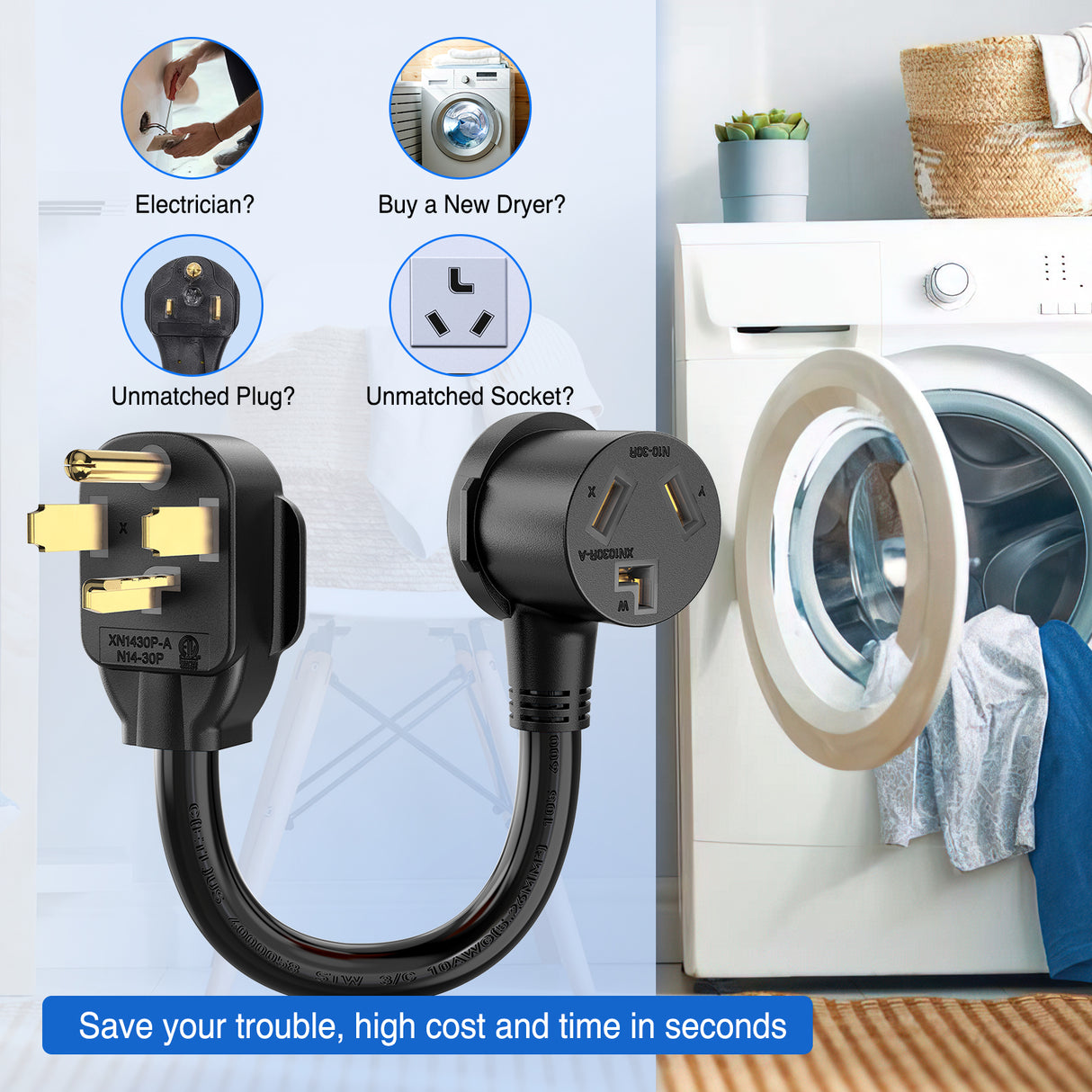 EV Dryer Adapter Cord 30 Amp to 30Amp 4 Prong 125V/250V 7500 Watt Pure Copper Dryers New Outlet Old Plug Conversion Heavy Duty 10 Gauge Wires 14-30P 10-30R 30M/30F