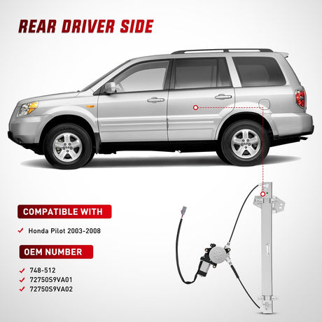 Window Regulator 748-512 Power Window Regulator and Motor Assembly Rear Driver Side, OE Replacement for Honda Pilot 2003 2004 2005 2006 2007 2008